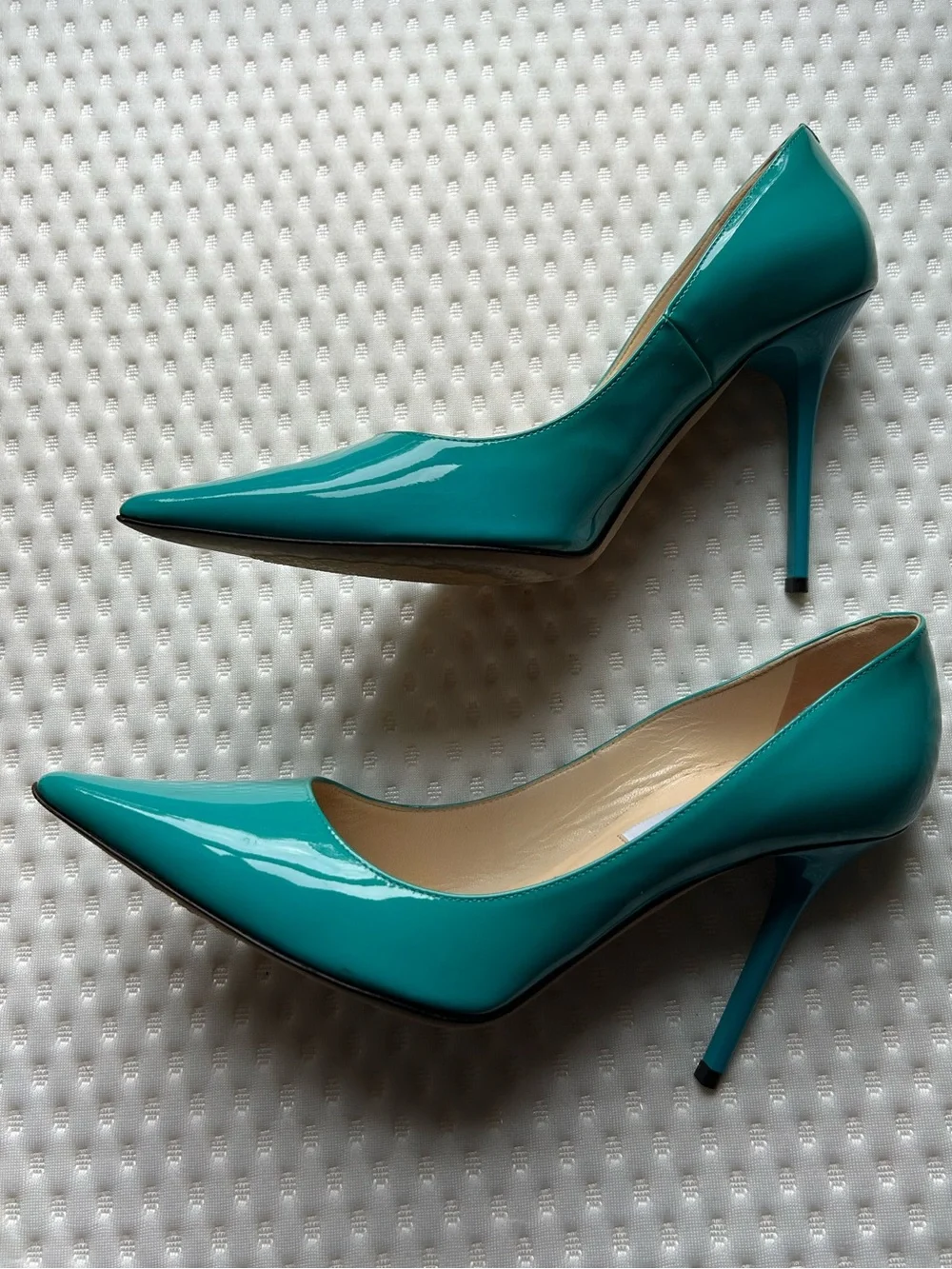 Jimmy Choo Anouk 120 Azora Turquoise Patent Leather Pumps IT 38 US 8